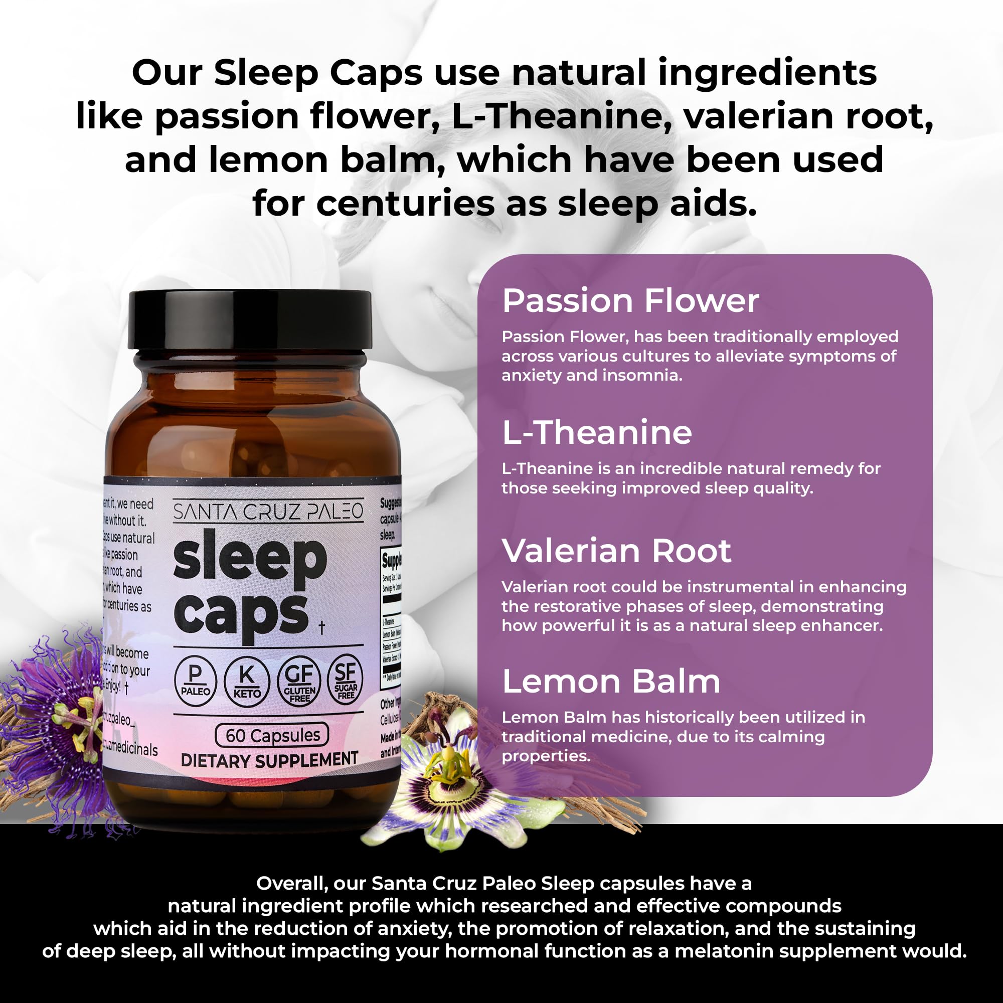 Santa Cruz Paleo Sleep Caps capsules closeup emphasizing L-Theanine and botanicals.