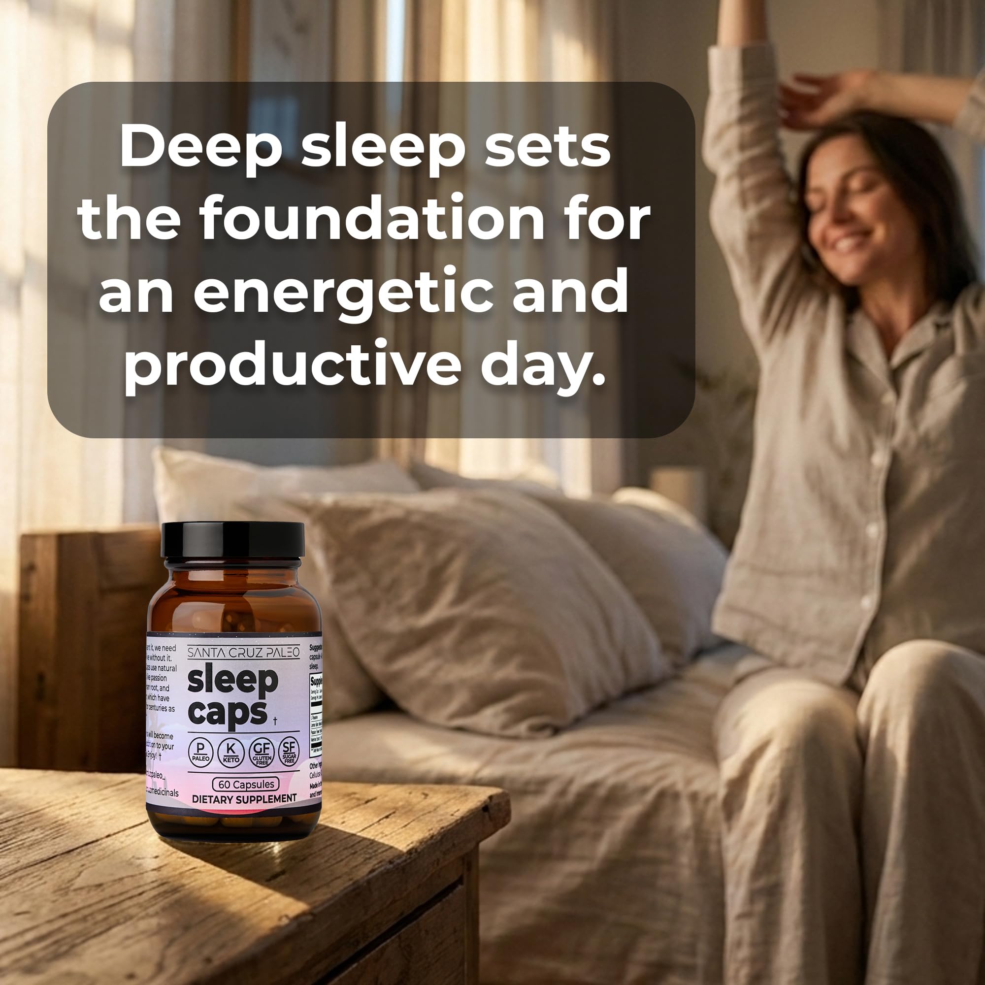 Santa Cruz Paleo Sleep Caps bottle showing ingredient highlights for a melatonin-free blend.