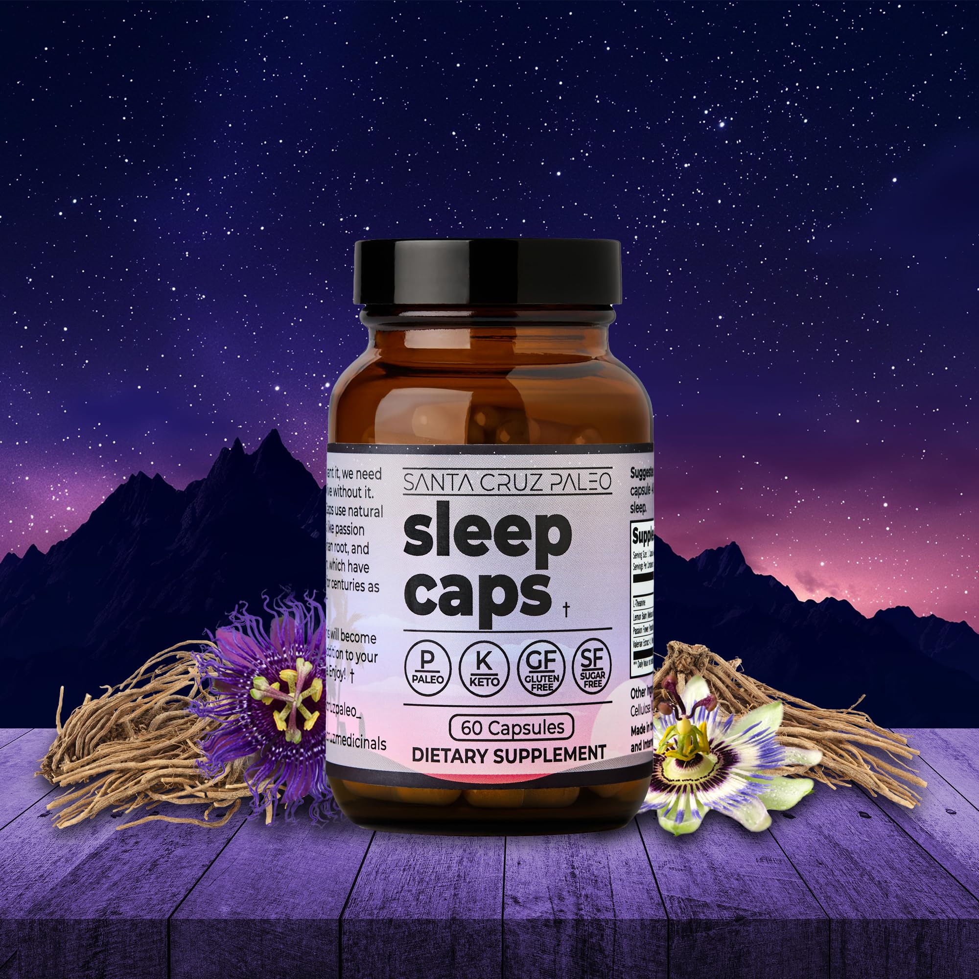Santa Cruz Paleo Sleep Caps on nightstand suggesting an easy nightly routine.