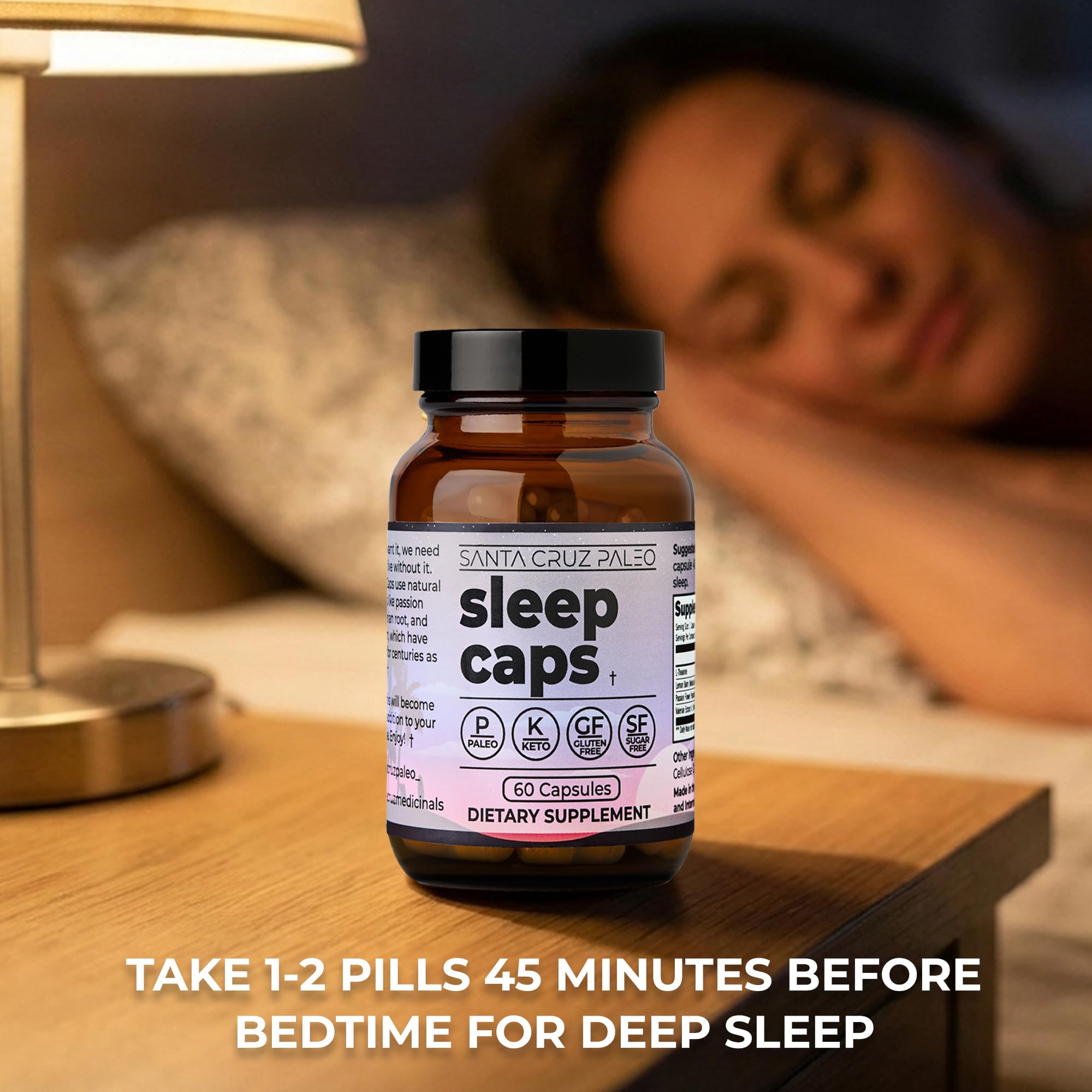 Santa Cruz Paleo Sleep Caps bottle beside herbal tea for a calming ritual.
