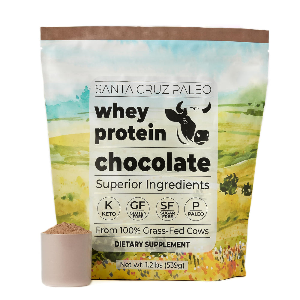 Santa Cruz Paleo Whey Chocolate bag highlights gluten-free, keto-friendly ingredients for clean fueling