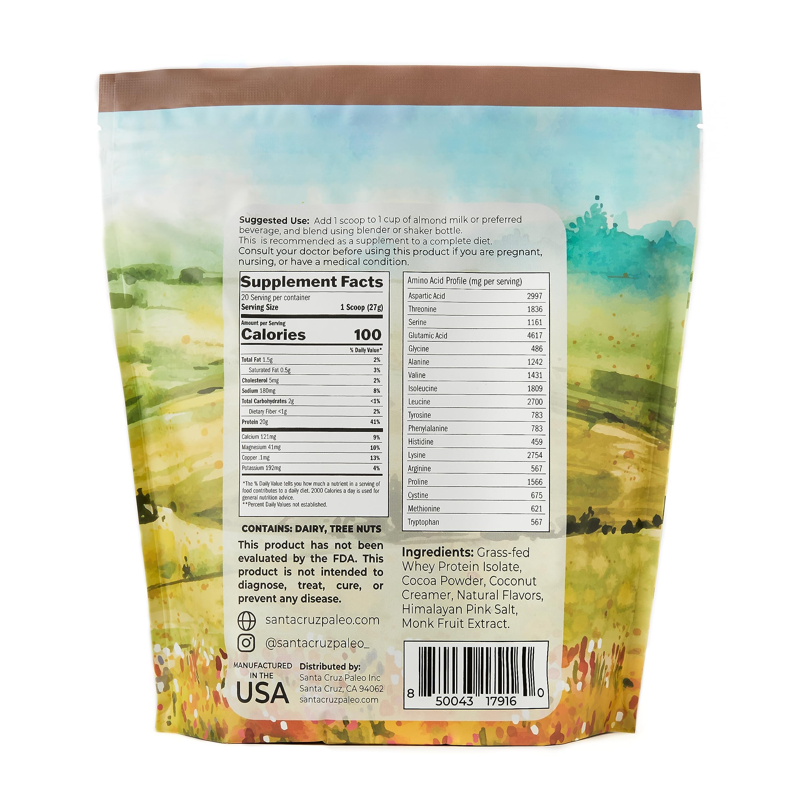 Ingredients list of Santa Cruz Paleo Whey Chocolate with grass-fed whey isolate