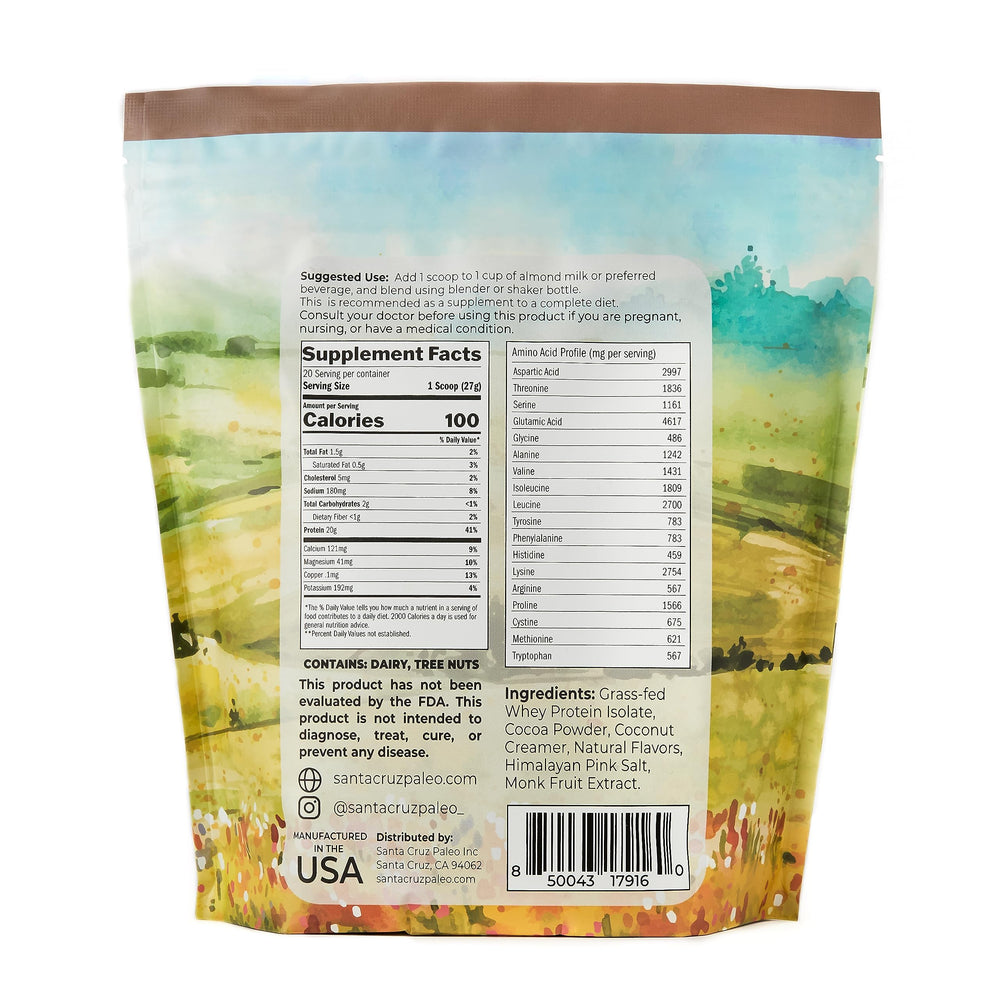 Ingredients list of Santa Cruz Paleo Whey Chocolate with grass-fed whey isolate