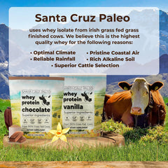 Scoop of Santa Cruz Paleo Whey Chocolate showing 20g protein per serving