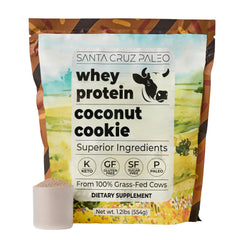 Santa Cruz Paleo Coconut Cookie whey bag showing clean protein per serving