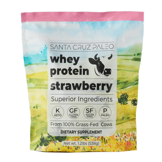 Santa Cruz Paleo Whey Protein Strawberry front label displaying clean formula