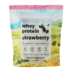 Santa Cruz Paleo Whey Protein Strawberry front label displaying clean formula