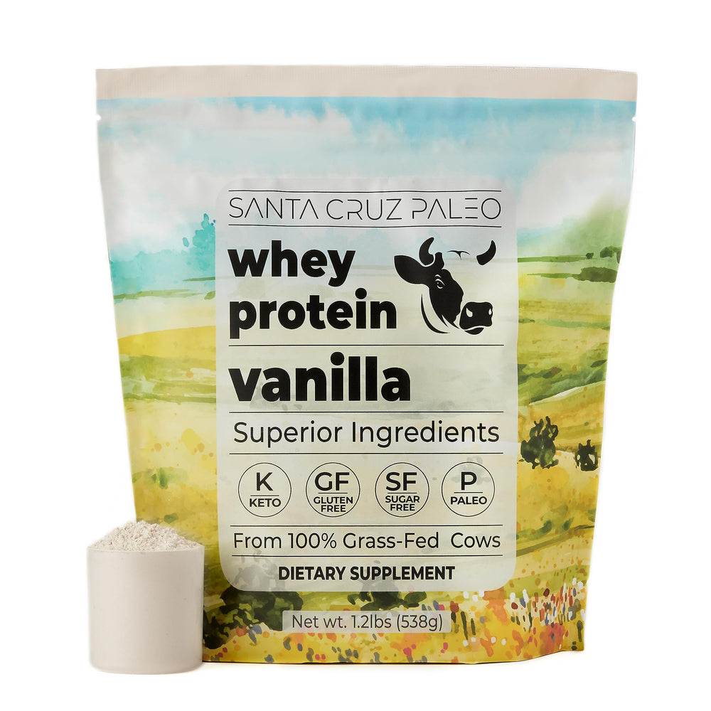 Santa Cruz Paleo whey vanilla label highlights clean ingredients and gluten-free protein.
