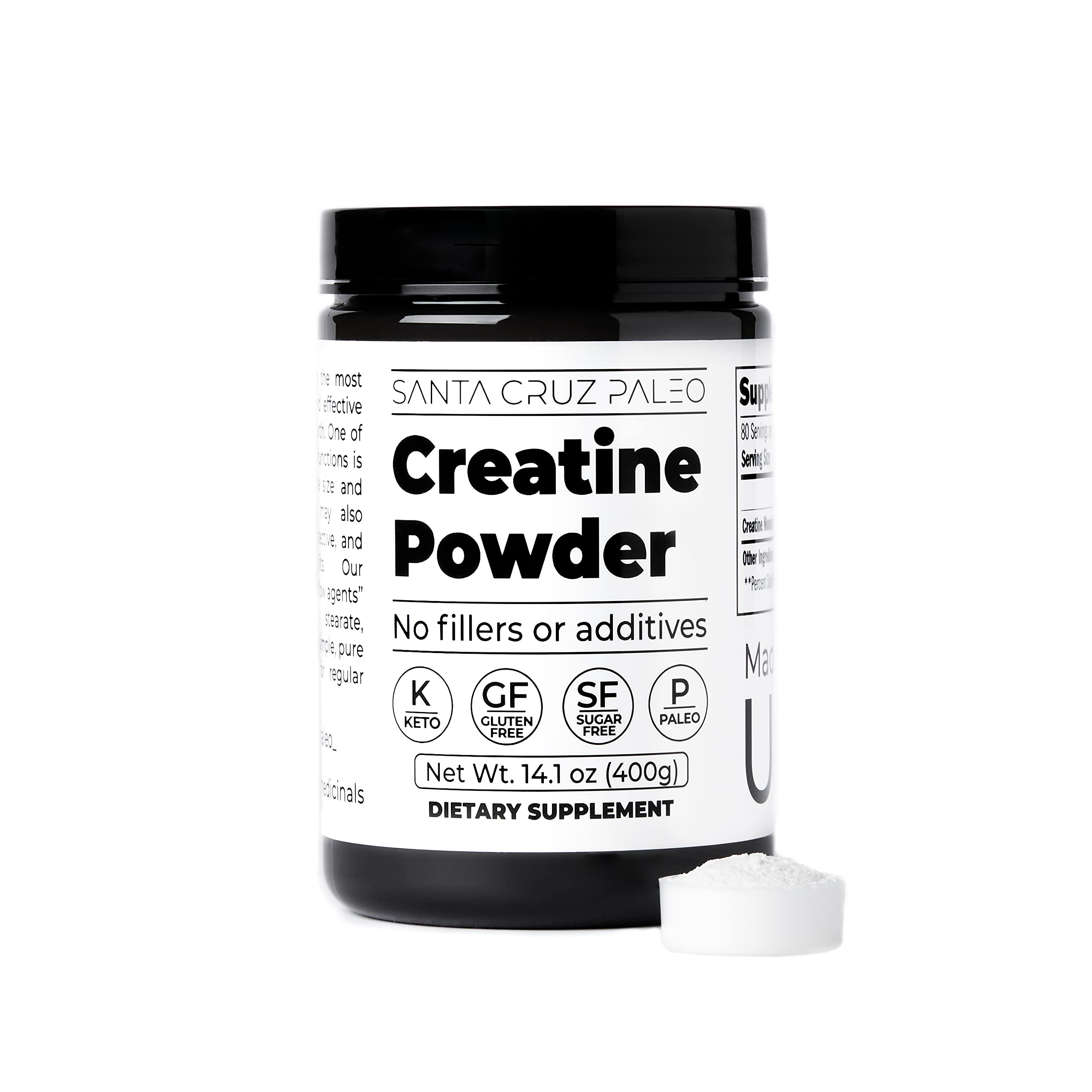 Santa Cruz Paleo creatine monohydrate container shows 80 servings per container.