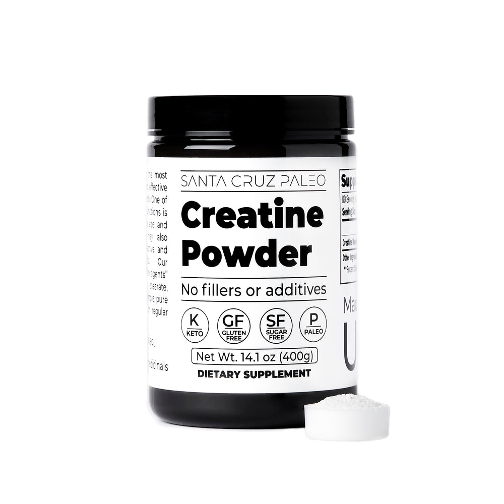 Santa Cruz Paleo creatine monohydrate container shows 80 servings per container.