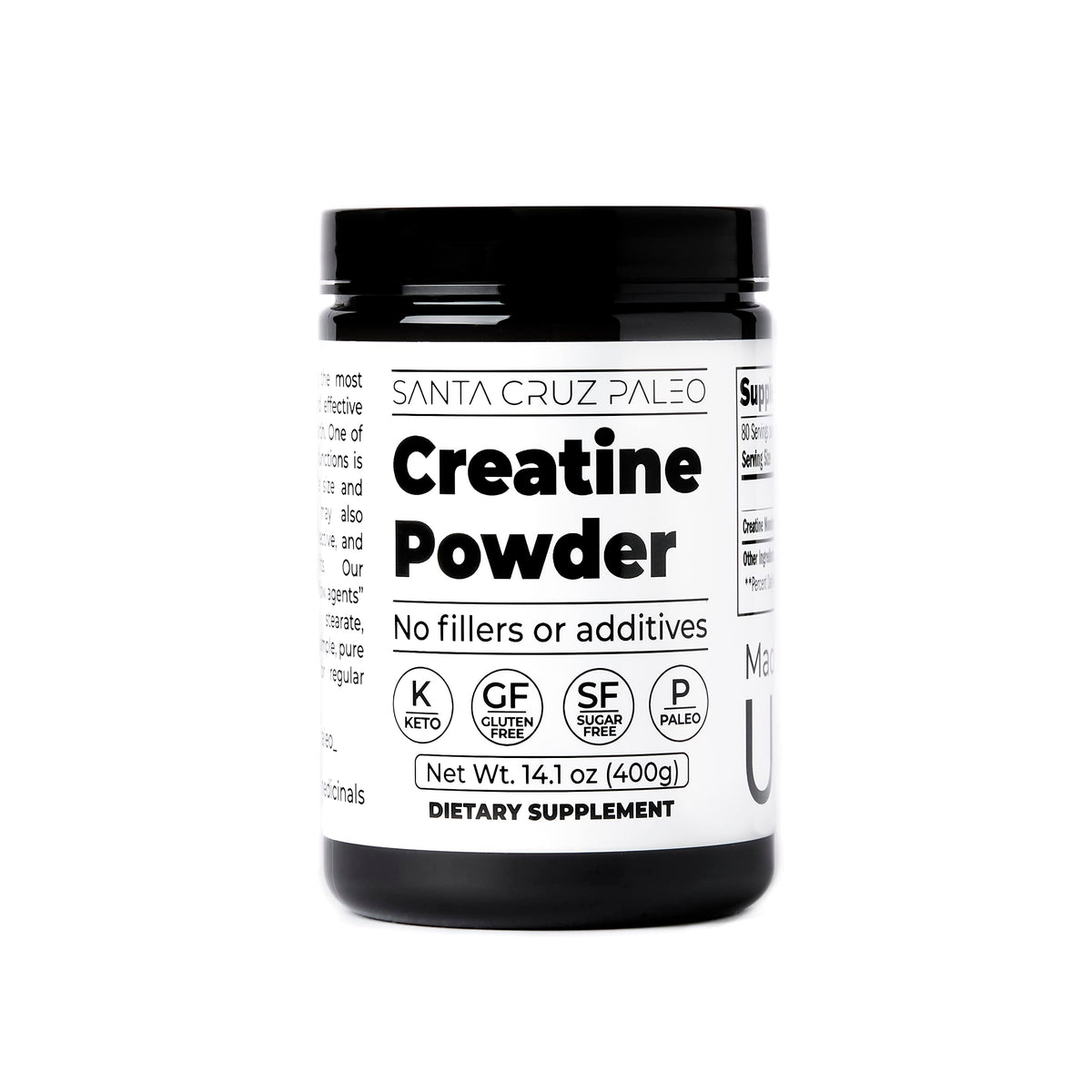 Santa Cruz Paleo creatine monohydrate bottle close-up for clean daily supplementation.