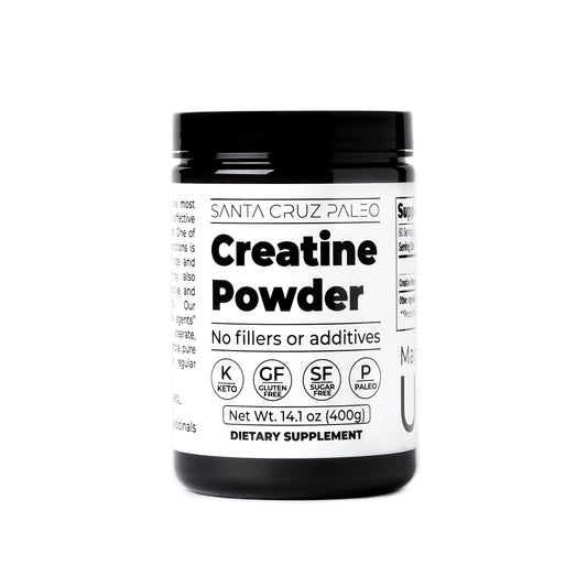 Santa Cruz Paleo creatine monohydrate bottle close-up for clean daily supplementation.