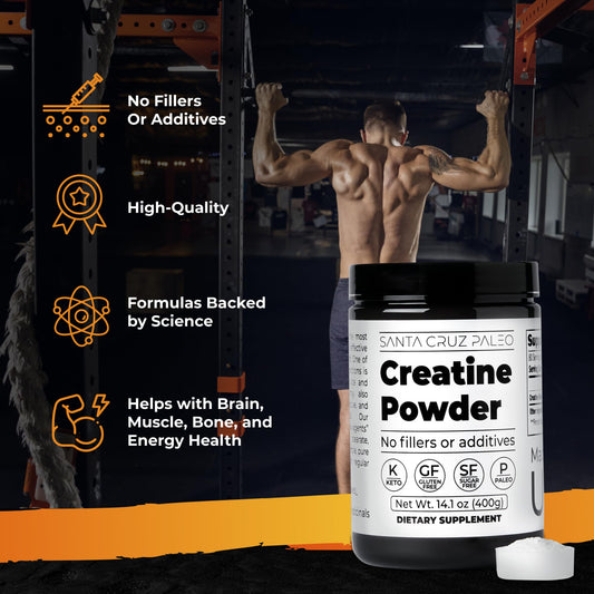 Santa Cruz Paleo creatine powder being poured into a glass for mixing.