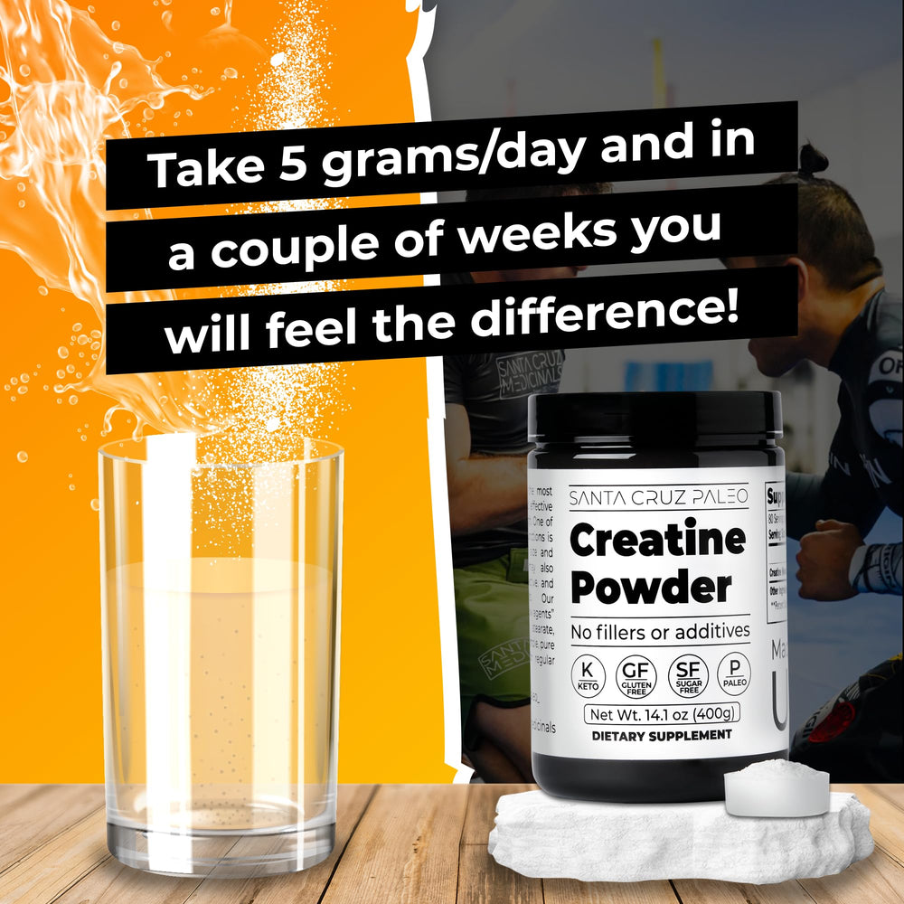 Santa Cruz Paleo creatine monohydrate scoop showing a 5 g serving.