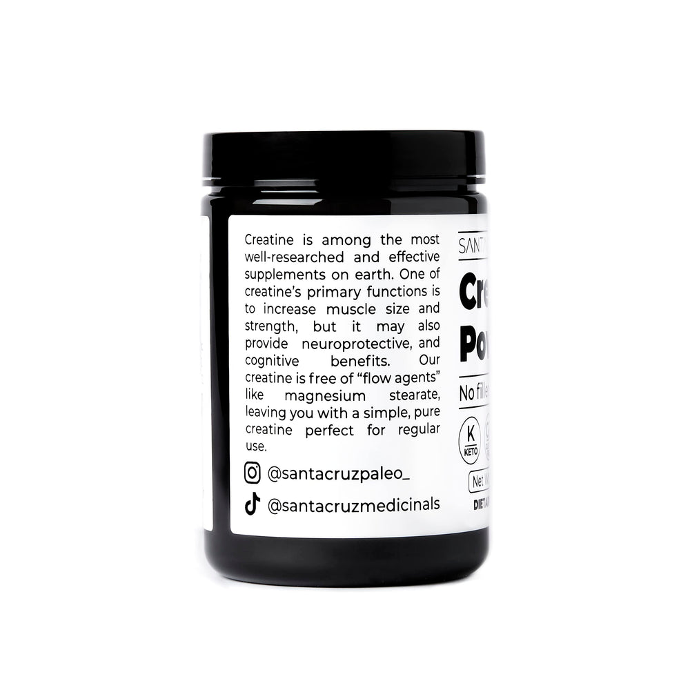 Santa Cruz Paleo creatine powder stirred in a shaker bottle during a workout routine.
