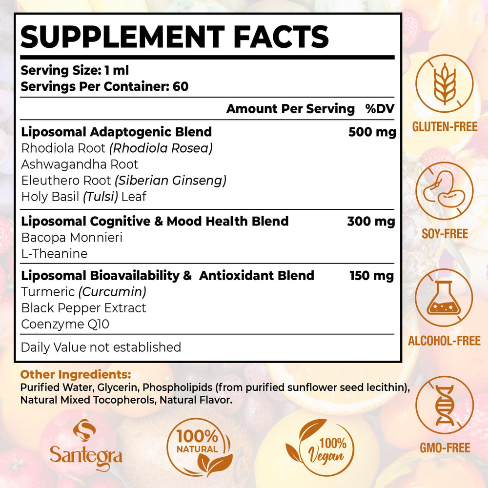 Santegra ashwagandha rhodiola tincture bottle for stress balance