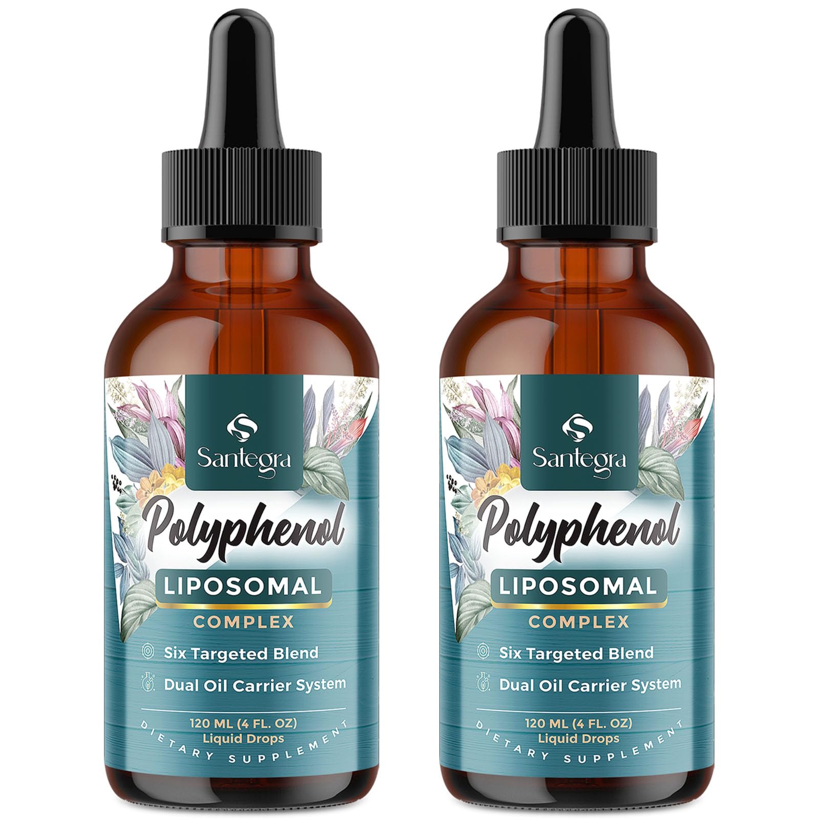 Santegra Polyphenols Liposomal bottle highlights enhanced antioxidant delivery.