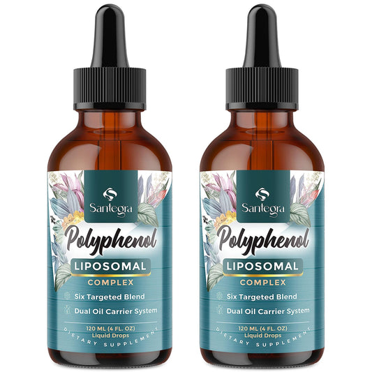 Santegra Polyphenols Liposomal bottle highlights enhanced antioxidant delivery.