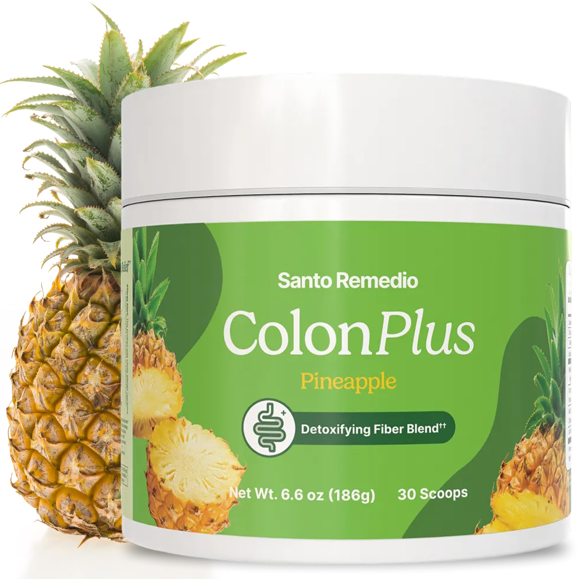 Santo Remedio Colon Plus bottle being poured with pineapple flavor for gentle digestion
