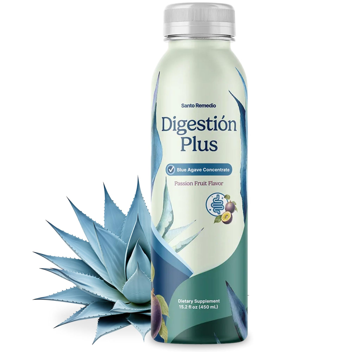 Santo Remedio Digestion Plus bottle pour showing blue agave concentrate and herbal notes for daily hydration
