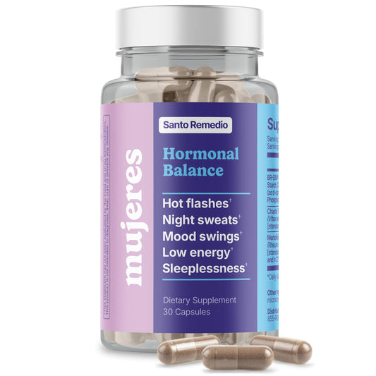 Santo Remedio Hormonal Balance bottle for daily menopause support.