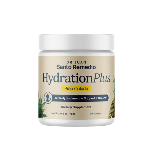 Santo Remedio Hydration Plus bottle front with label emphasizing electrolytes for quick refreshment.