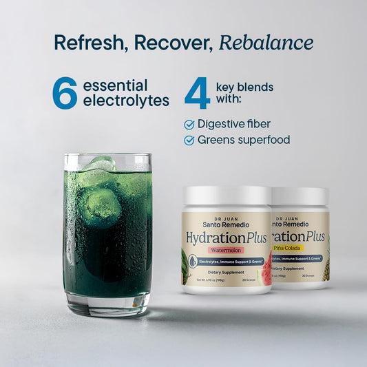 Santo Remedio Hydration Plus electrolyte powder mixed in a glass for balanced hydration.