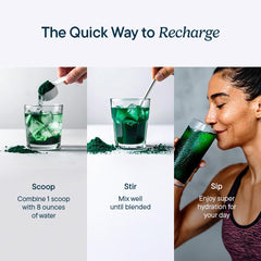Santo Remedio Hydration Plus greens feature underscores greens and prebiotic fiber for gut support.
