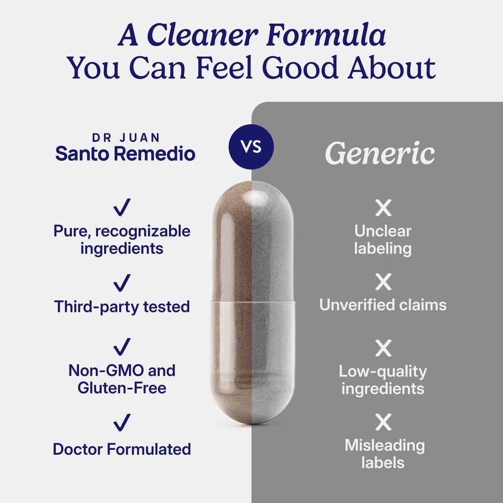 Santo Remedio label close-up reassures quality and non-GMO standards.