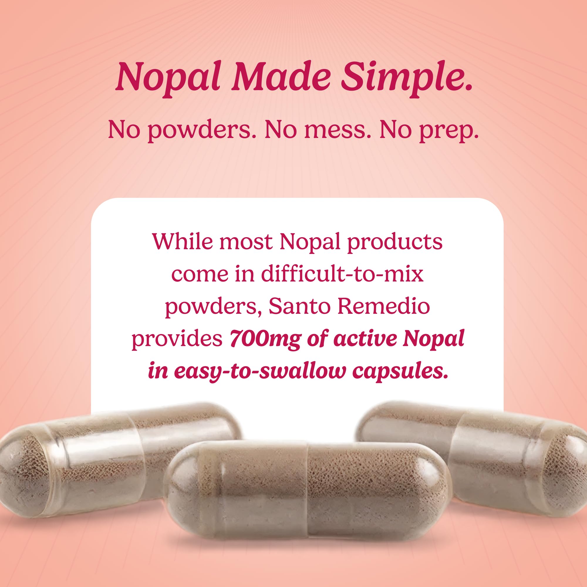 Santo Remedio Nopal bottle opened, showing 180 capsules for 90 servings