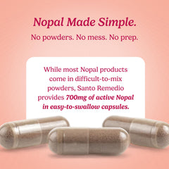 Santo Remedio Nopal bottle opened, showing 180 capsules for 90 servings