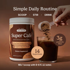 Santo Remedio Super Café ground powder shown with a measuring scoop.
