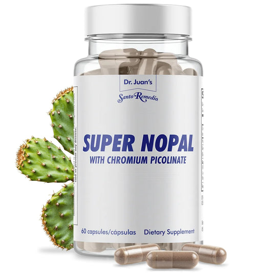 Santo Remedio Super Nopal bottle shows daily wellness support with a plant-based formula.