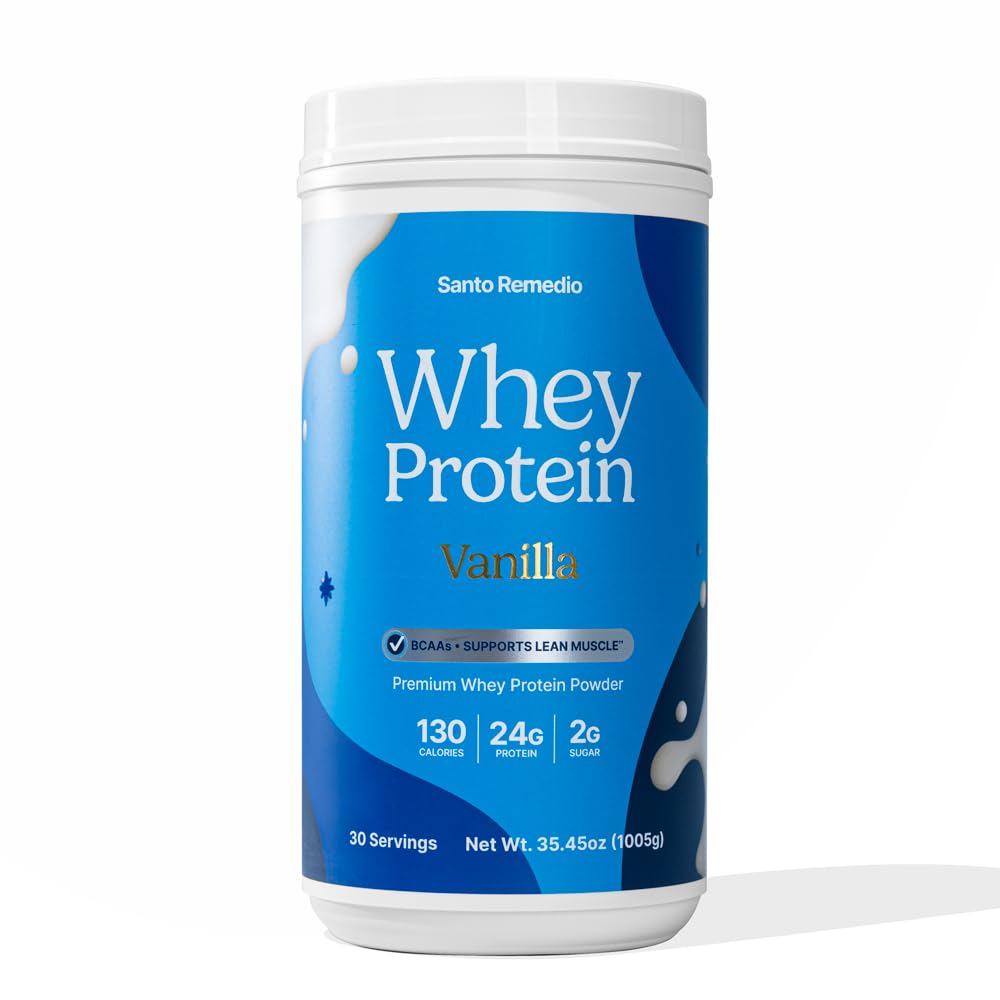 Santo Remedio Vanilla Whey Protein bottle, a convenient protein source for workouts.
