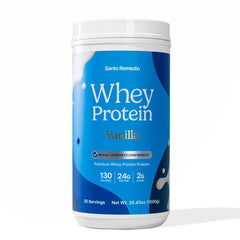 Santo Remedio Vanilla Whey Protein bottle, a convenient protein source for workouts.
