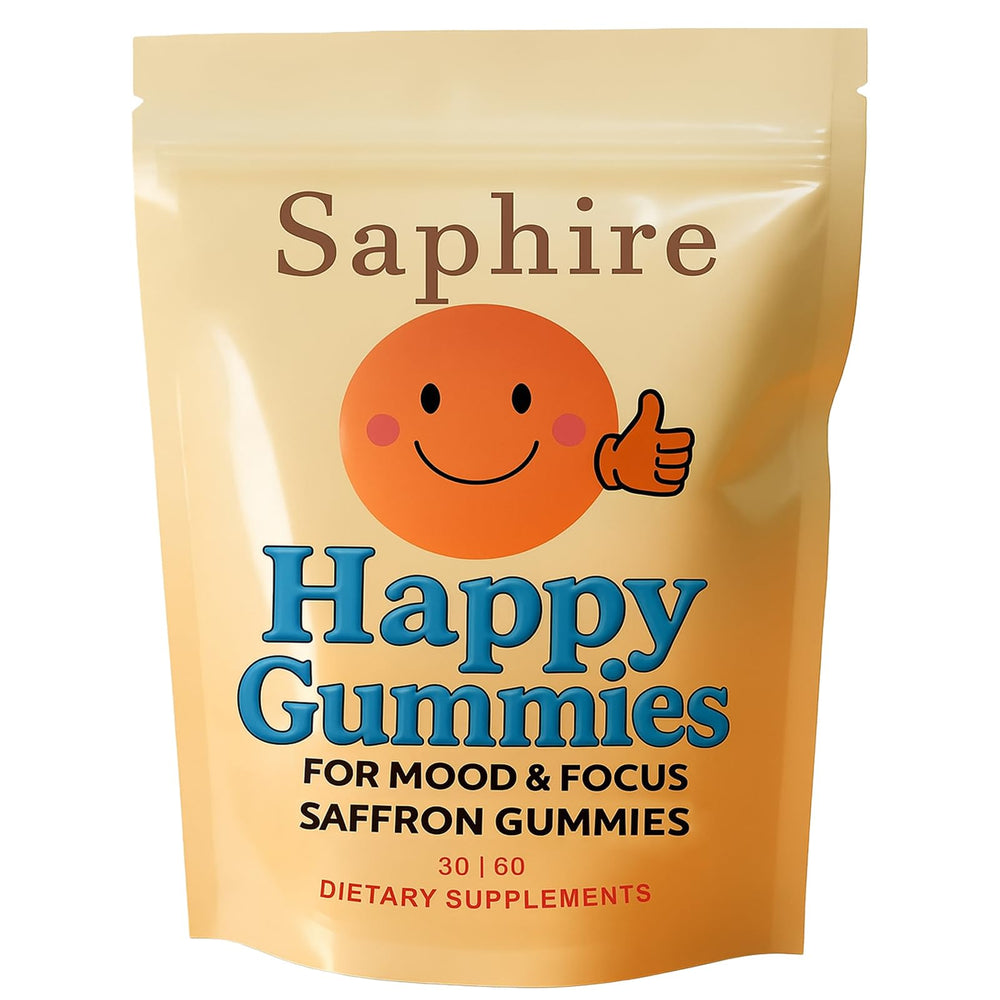 Saphire Happy Gummies bottle showing calm and focus for daily balance.