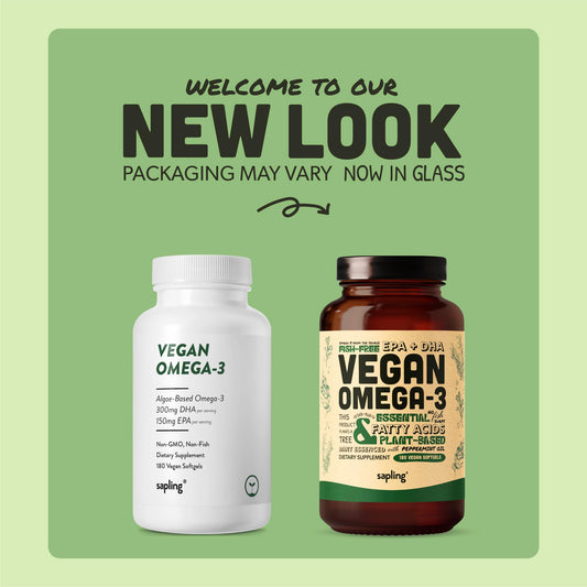 Sapling algae omega-3 softgels close-up showing compact plant-based capsules for heart and brain support.