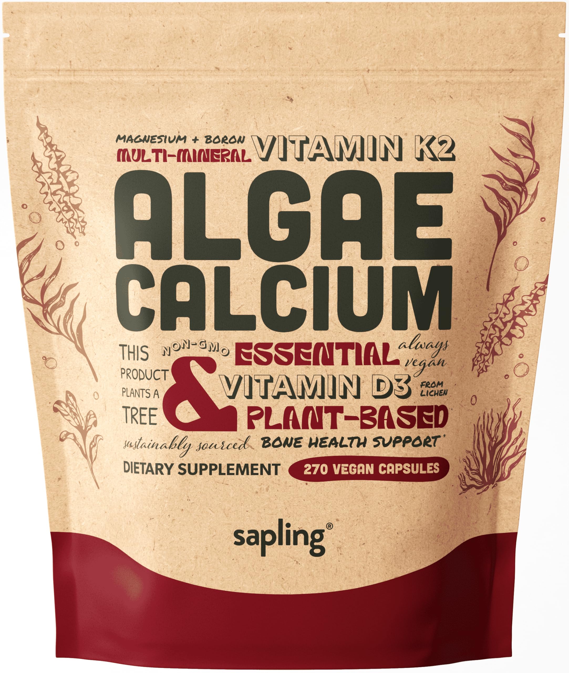 Sapling Calcium bottle front view highlighting vegan minerals for daily bone support