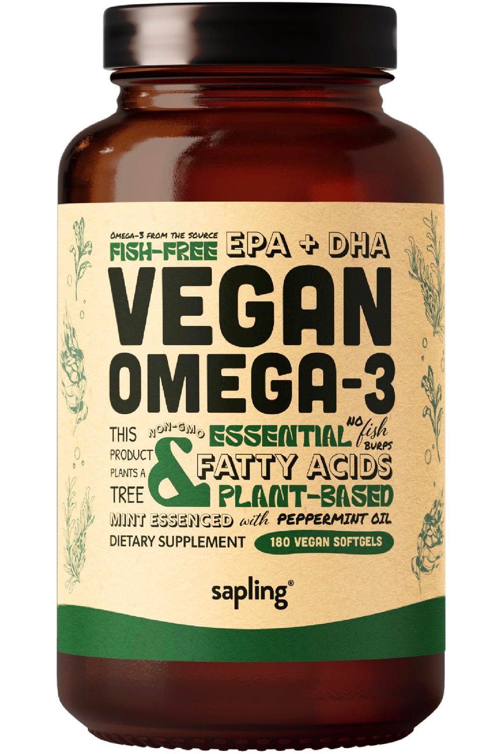 Sapling vegan omega-3 bottle with label highlights algae-derived DHA and EPA benefits.