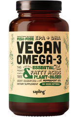 Sapling vegan omega-3 bottle with label highlights algae-derived DHA and EPA benefits.