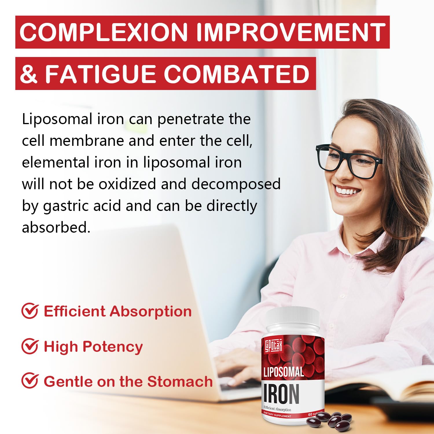 Sapotax Fe absorption comparison graphic illustrating liposome advantages.