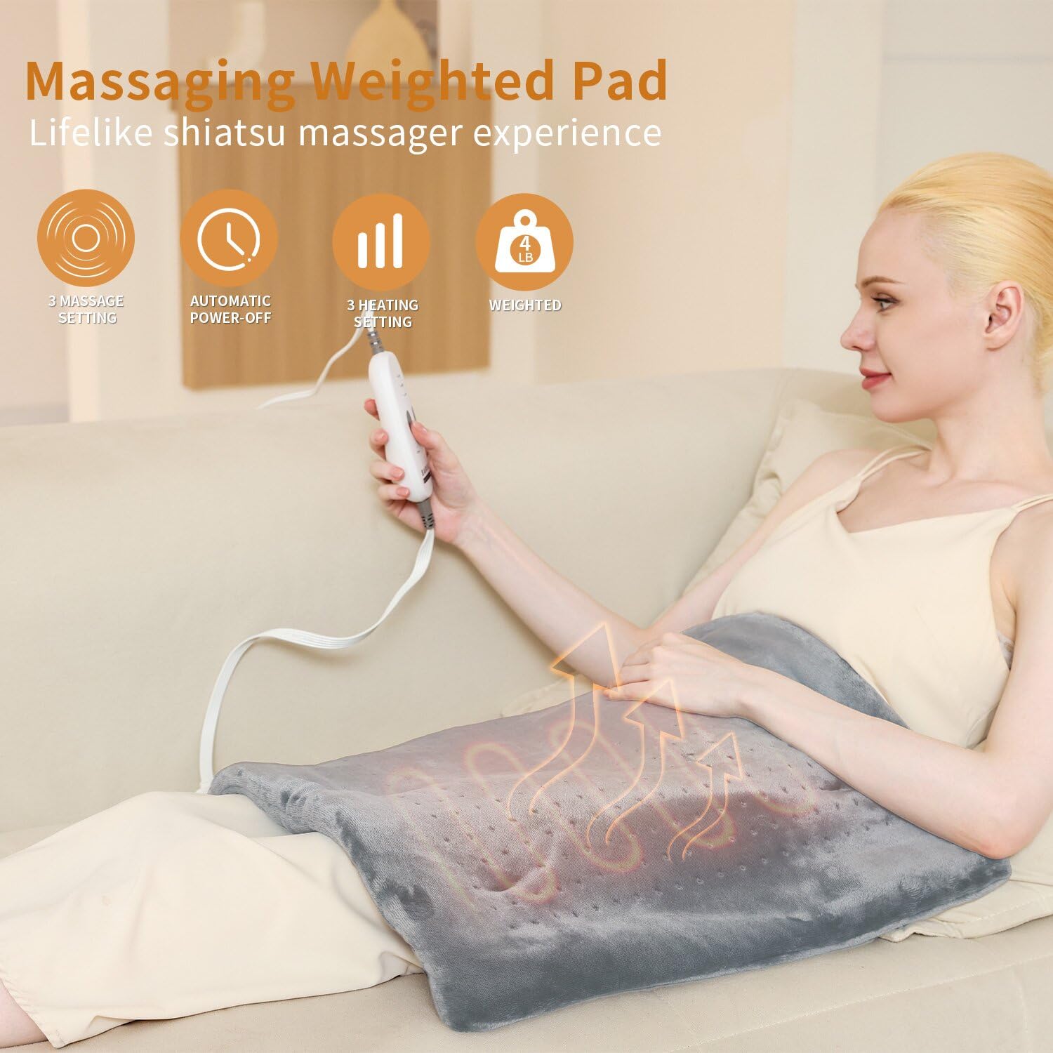 SAROO heating pad control panel demonstrates easy heat and massage controls