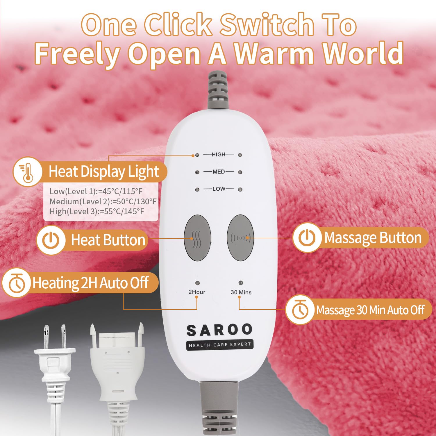 SAROO massaging weighted heating pad ten foot cord offers placement flexibility