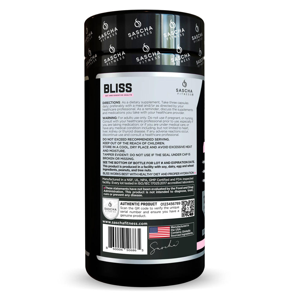 SASCHA FITNESS Bliss Gut Health capsules ready for daily gut balance.