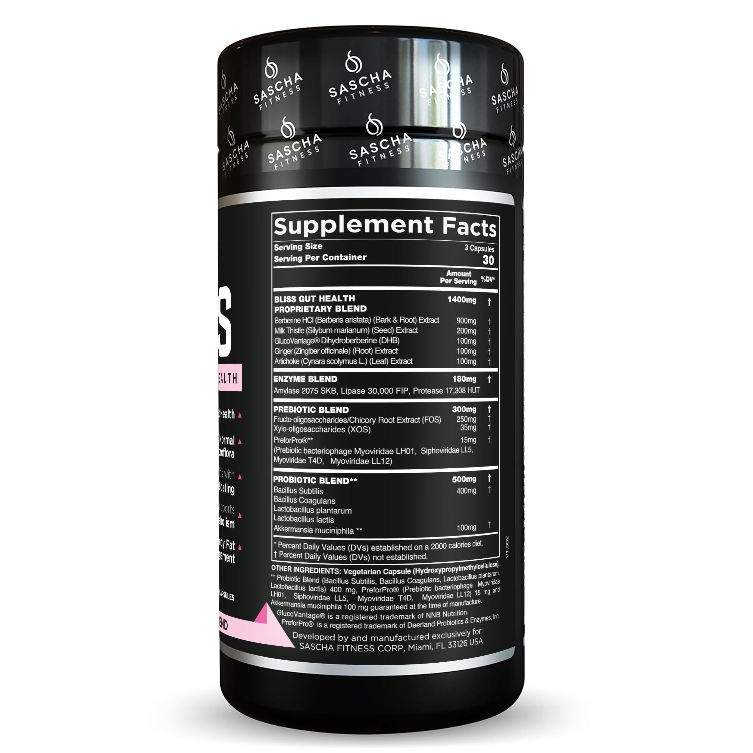 SASCHA FITNESS Bliss Gut Health packaging showing ingredients and serving size.