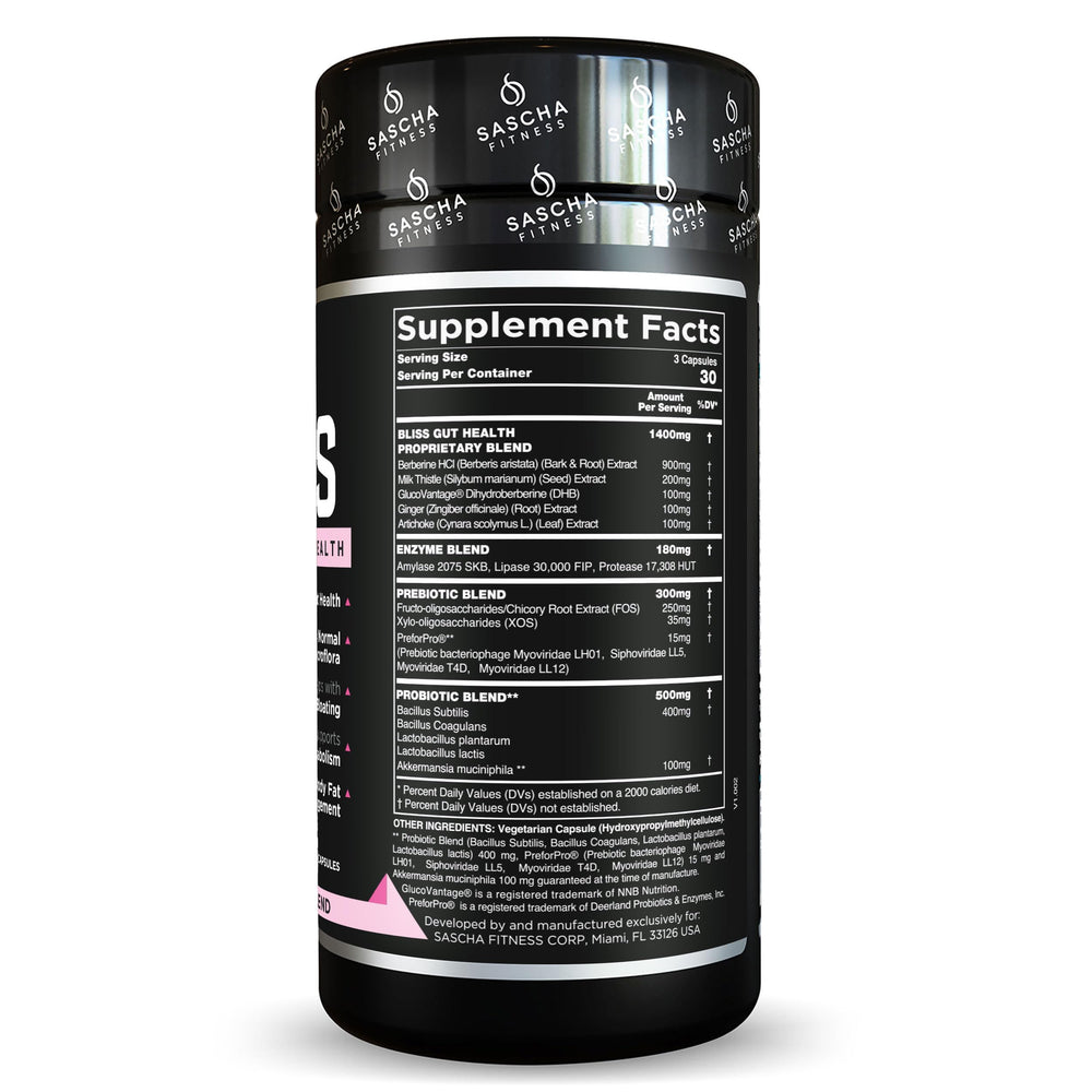 SASCHA FITNESS Bliss Gut Health packaging showing ingredients and serving size.