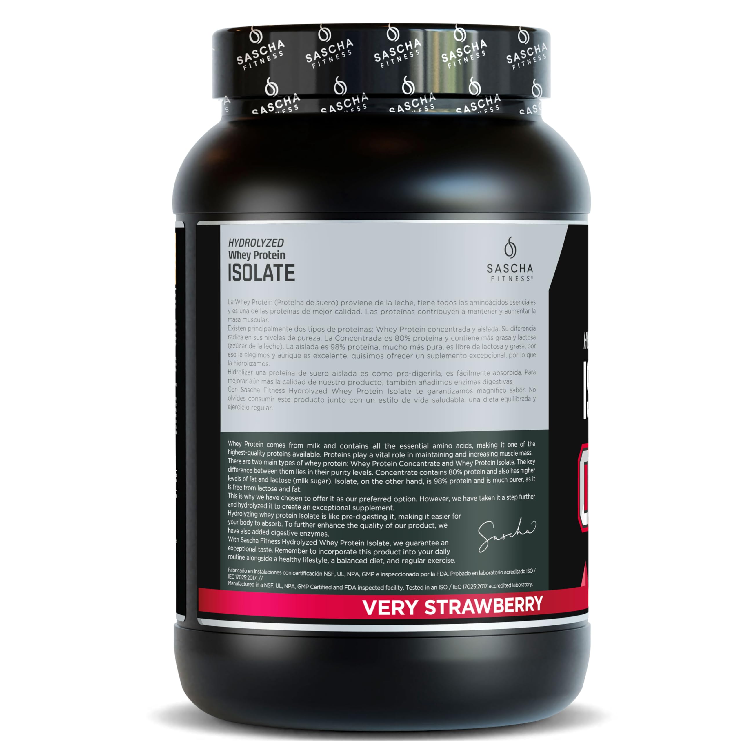 Sascha Fitness grass-fed whey isolate bottle with strawberry powder, digest-friendly