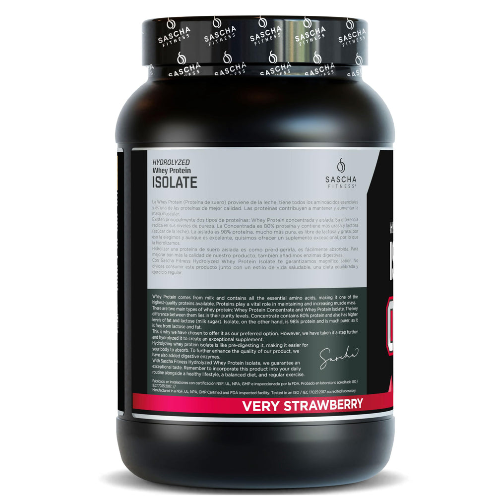 Sascha Fitness grass-fed whey isolate bottle with strawberry powder, digest-friendly