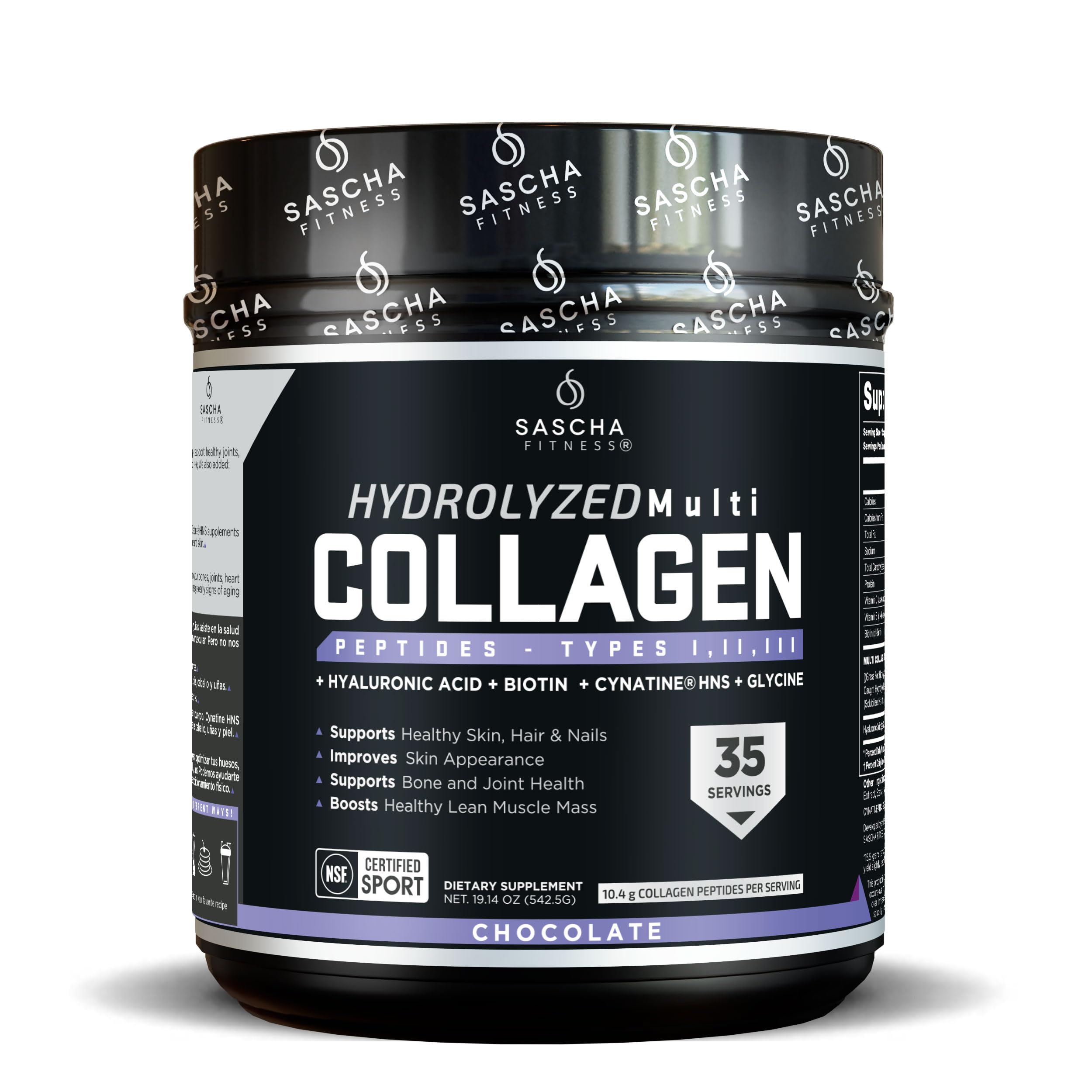 SASCHA FITNESS hydrolyzed collagen bottle front highlighting skin and hair support