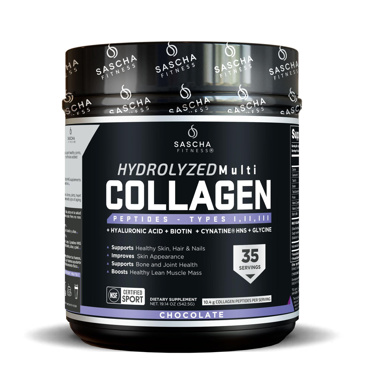 SASCHA FITNESS hydrolyzed collagen bottle front highlighting skin and hair support